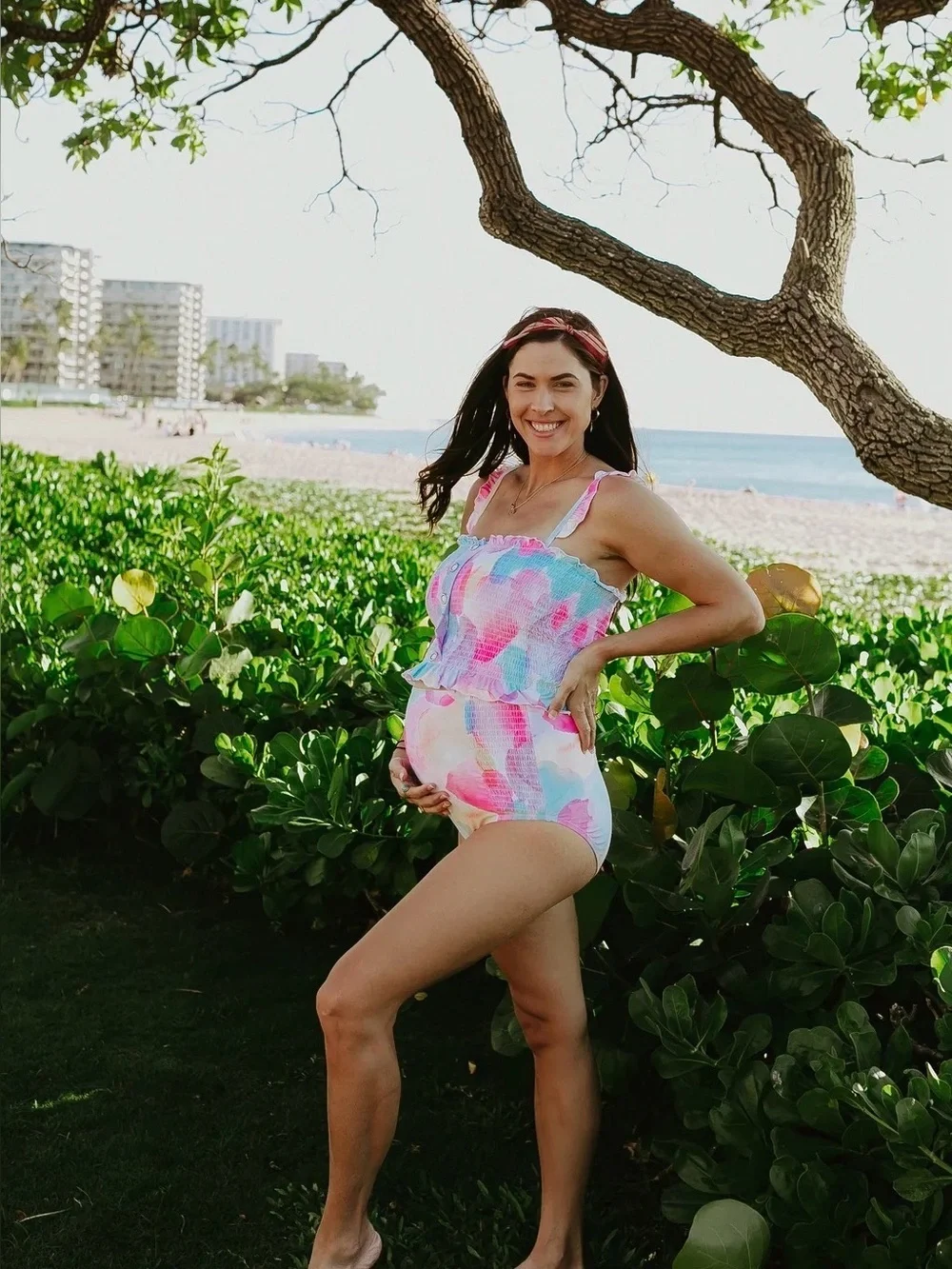 RAD swim Betsey Smocked Tankini Top tank rainbow lined tie-up corset style swim